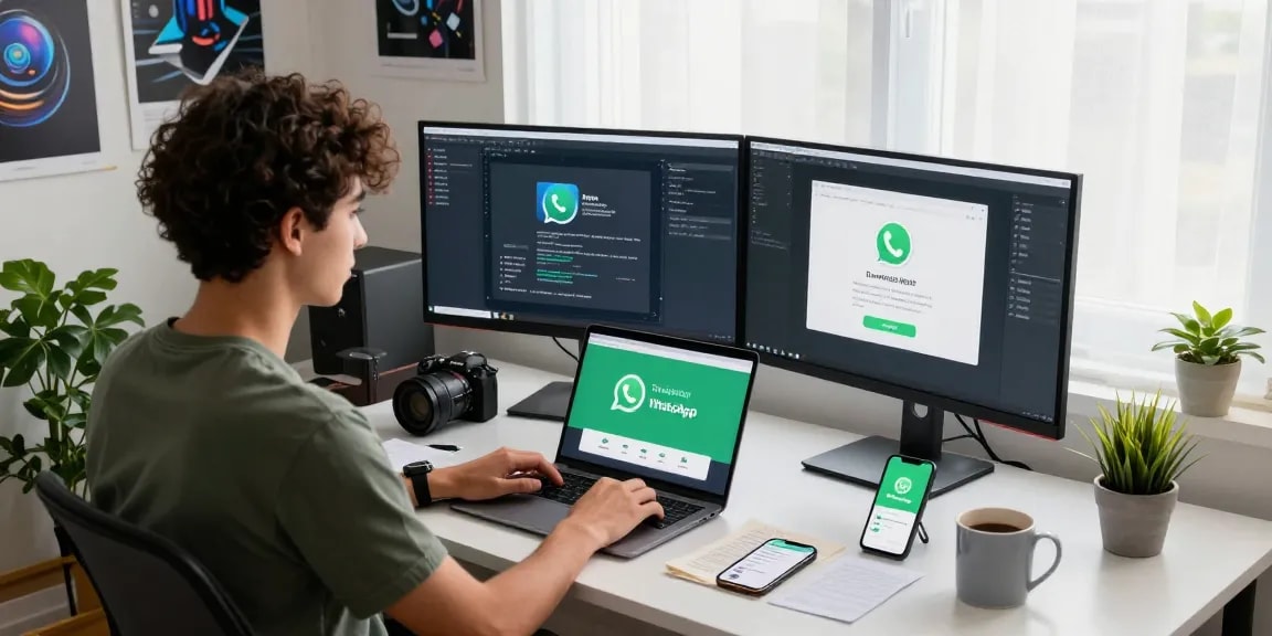 Explore WhatsApp下載 on a developer's dual-monitor setup, showcasing a tech workspace.