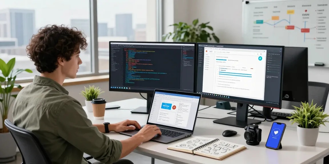Explore Telegram网页版 in a modern tech workspace with dual monitors, coding, and creative collaboration.