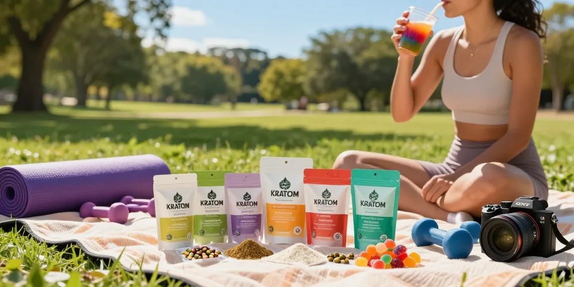 Person enjoying kratom for energy outdoors with wellness products and workout gear.