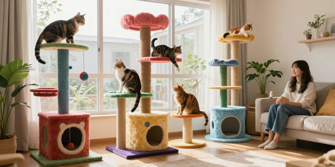 Engaging cats playing on vibrant cat trees in a cozy indoor setting.