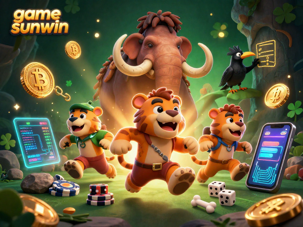 Play the exciting game sunwin with a dynamic prehistoric casino scene full of vibrant characters and elements.