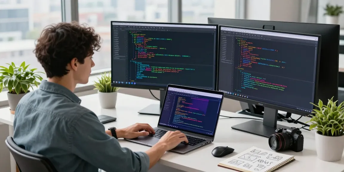 Developer engaged in instant indexing at a modern tech workspace with bright sunlight.