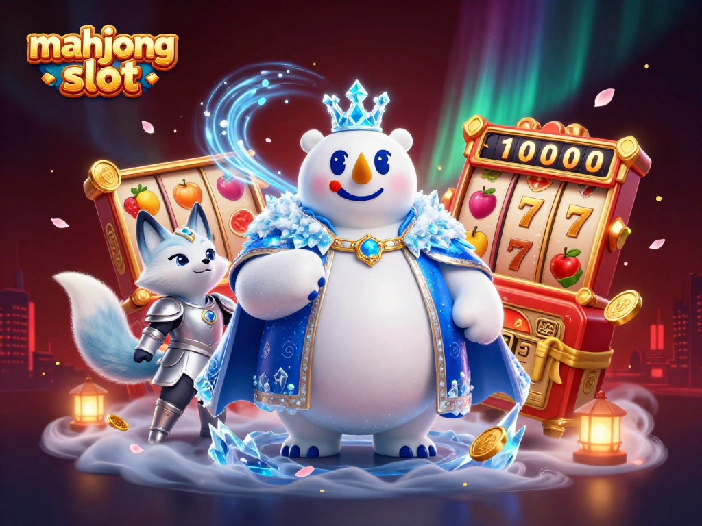 Spin the reels of mahjong slot for big wins with an ice king polar bear and snow fox amidst colorful jackpot symbols.