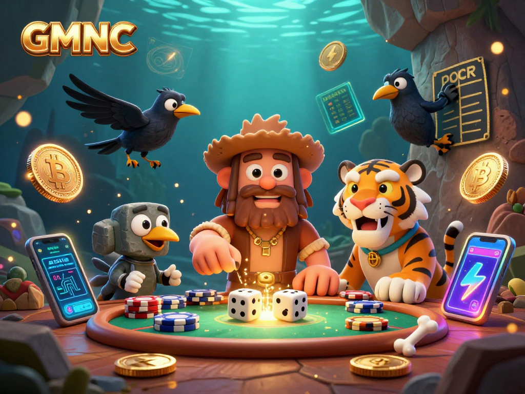 GMNC illustrates a prehistoric casino scene with vibrant characters gambling amidst glowing crypto elements.