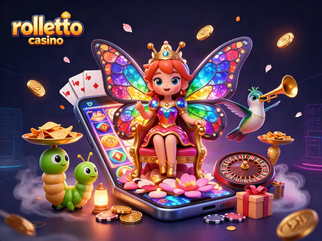 Engage with rolletto casino's vibrant illustration of a butterfly queen surrounded by gaming elements.