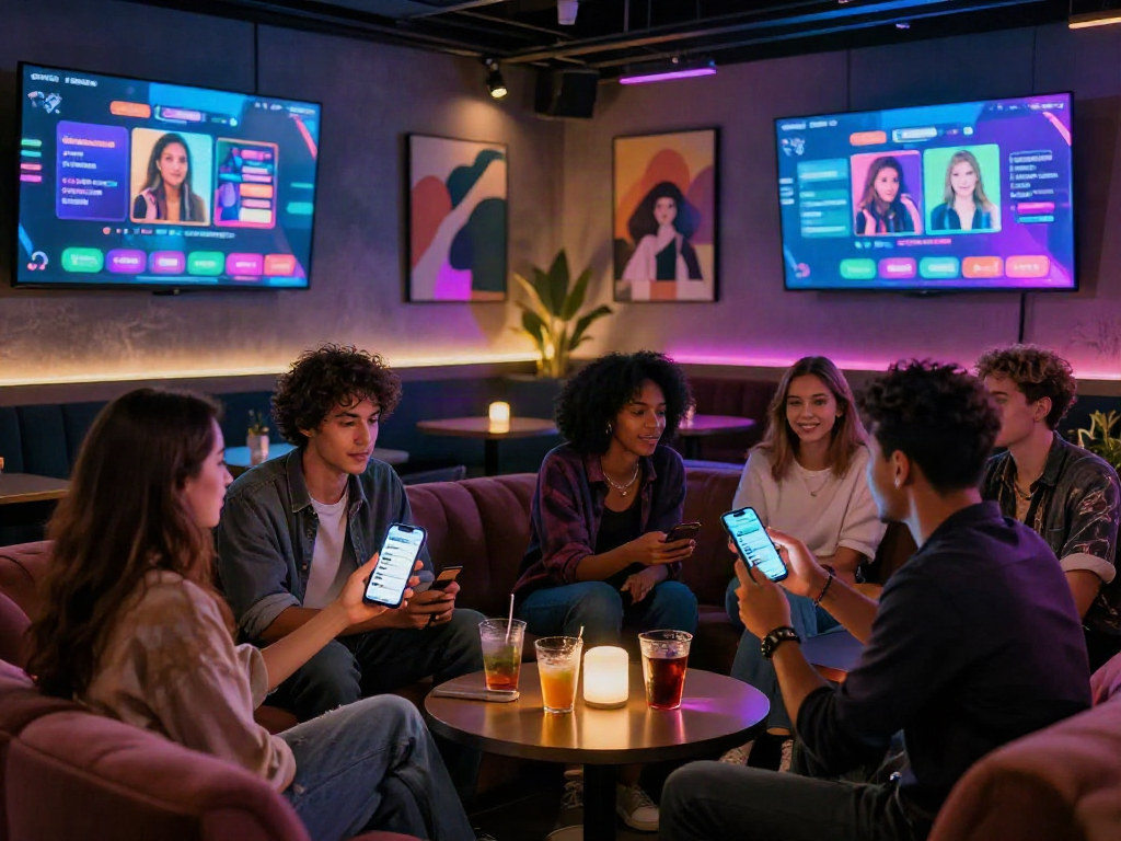 Engaging ai porn chat interactions in a vibrant urban lounge setting.