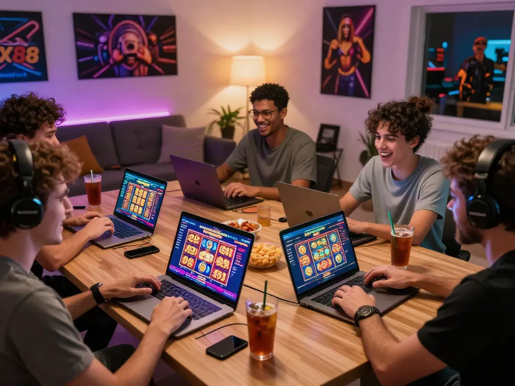 Group of friends enjoying online gaming at TX88 platform.