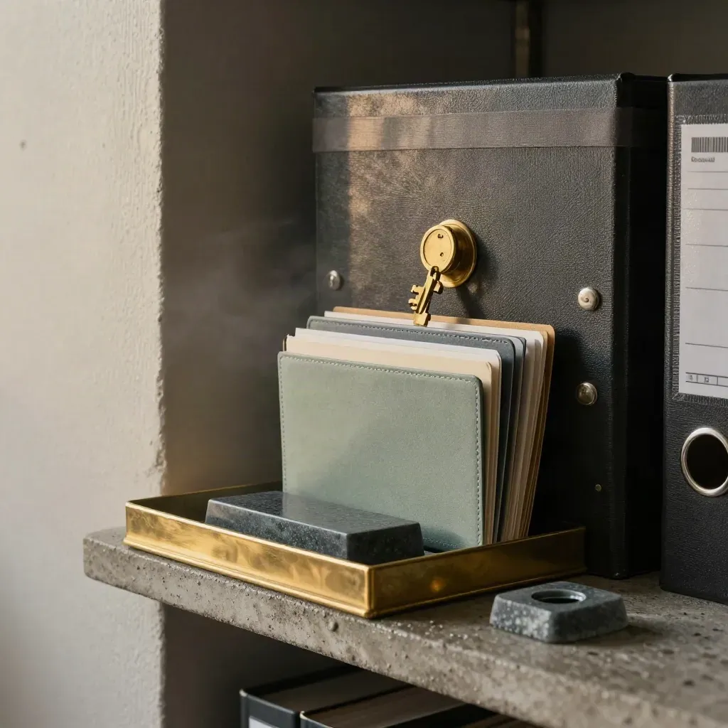 Charcoal archive box, brass stamp and tabbed wallets on concrete in late rainy light.