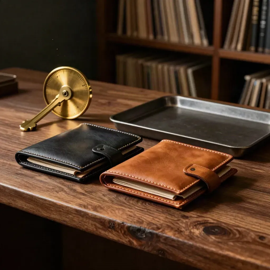 Brass reminder wheel, leather file wallets, and archive tray on a walnut shelf