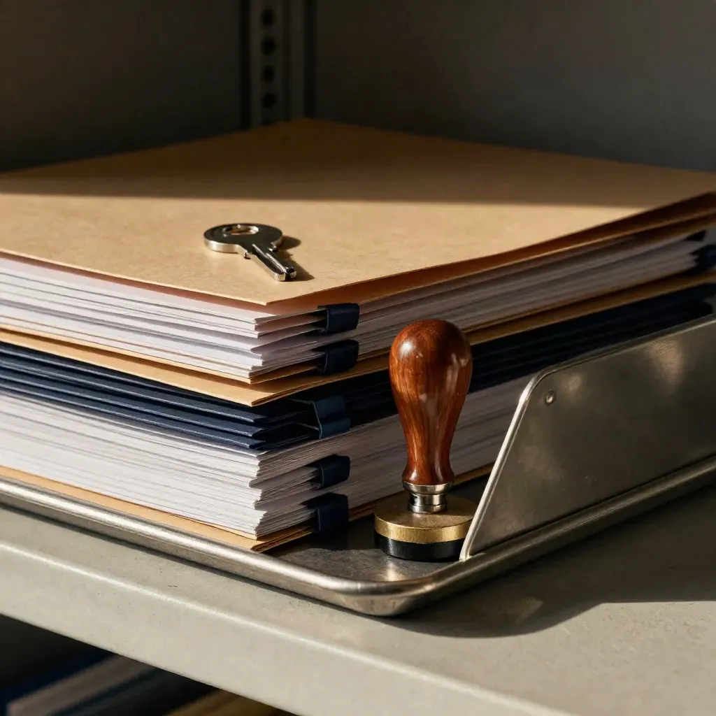 Brushed metal tray, navy file tabs, and a seal stamp on a concrete shelf