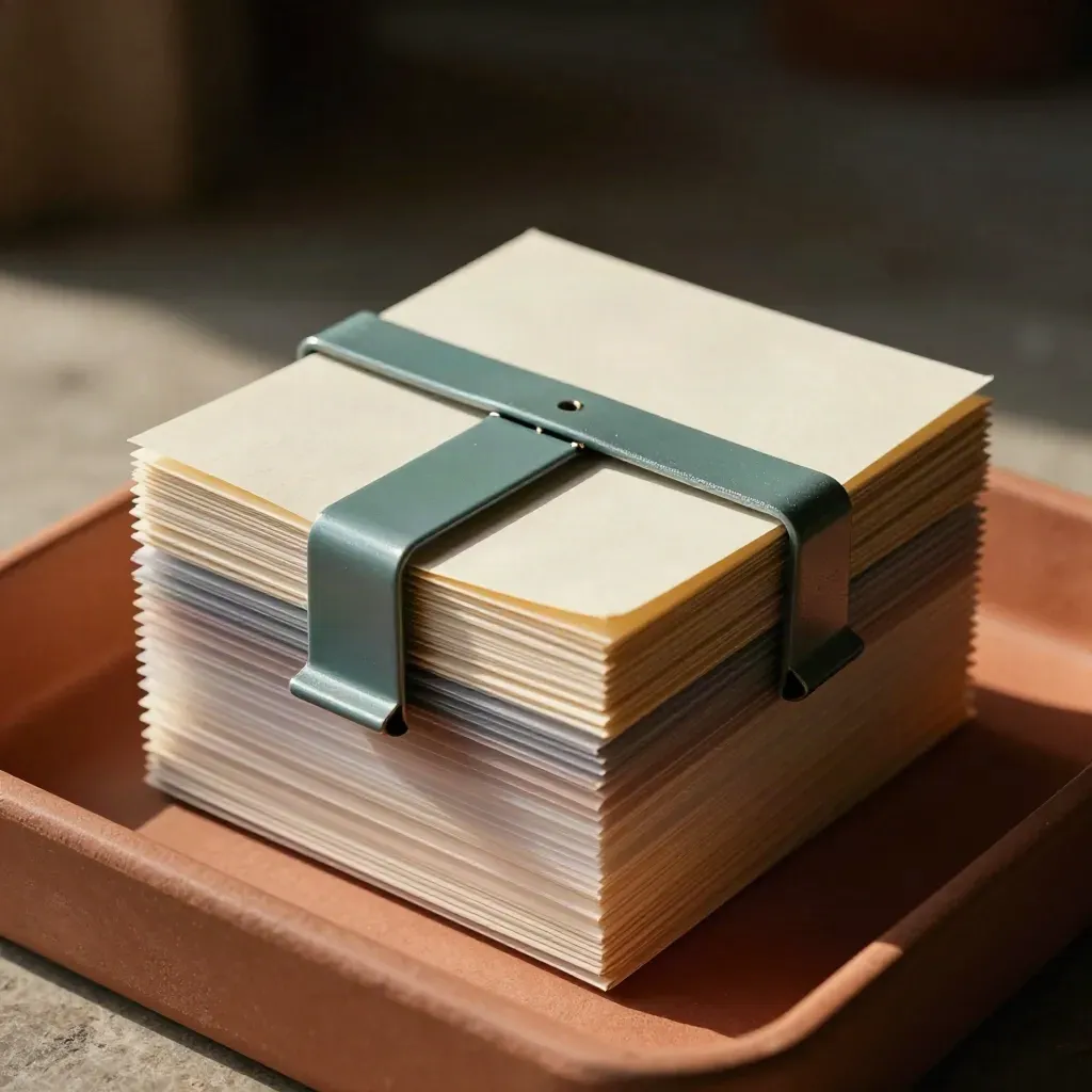 Top-down close crop of tabbed archive cards, binder rings and sleeves on a terracotta tray.