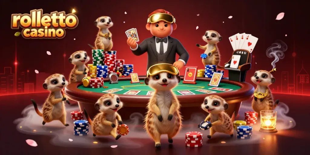 Experience rolletto casino with dynamic meerkats, intense poker action, and vibrant graphic design.