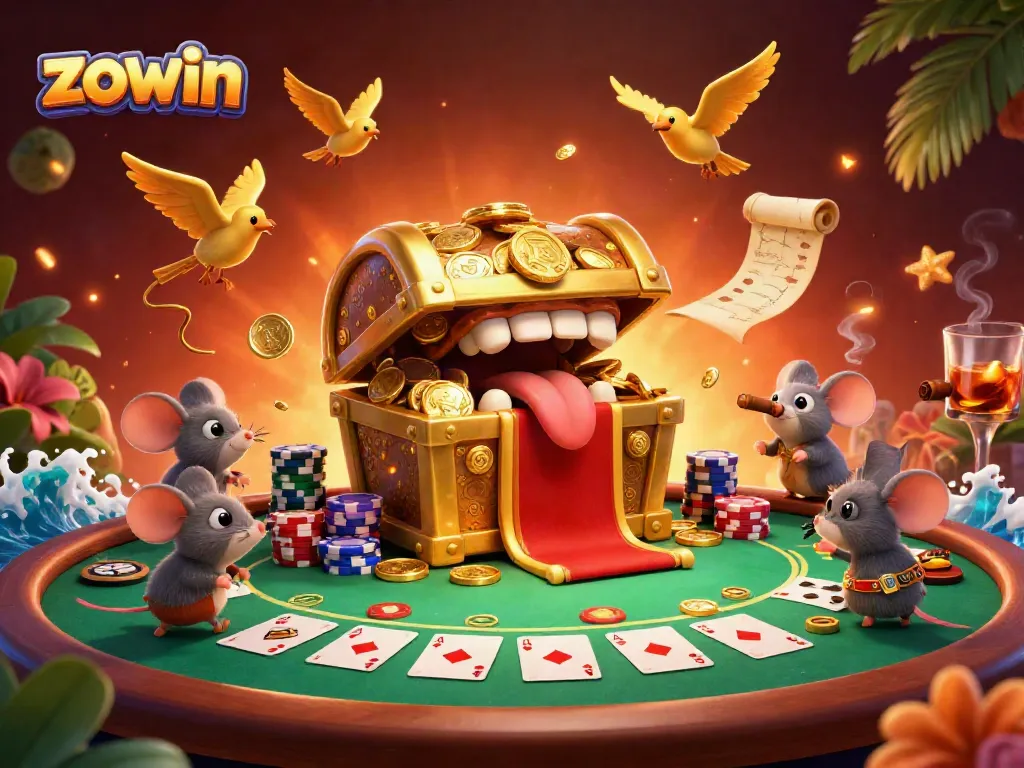 Experience the thrill of zowin with a vibrant poker scene featuring dynamic game elements and treasure.