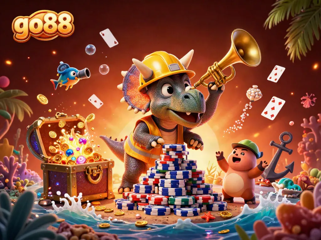 Experience go88 excitement with a triceratops building poker chips in a vibrant casino scene.