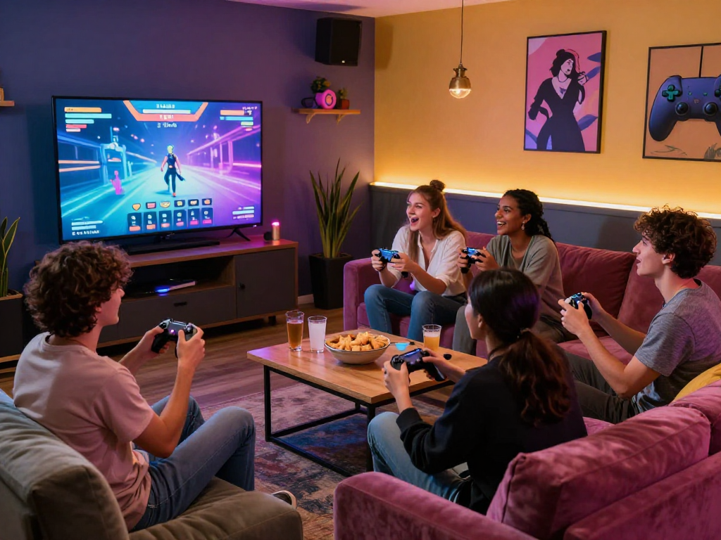Interactive sex simulator game bringing friends together in a lively lounge.