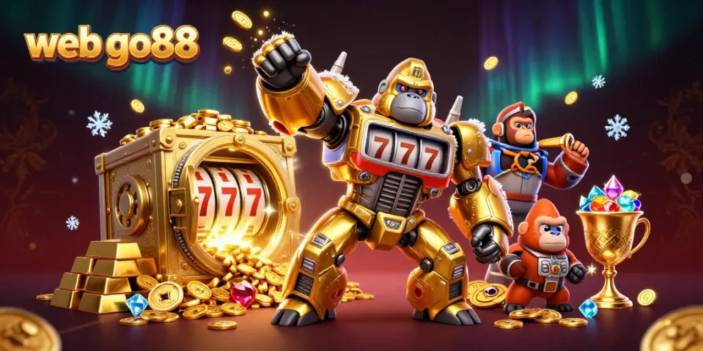 Experience the thrill of gaming with web go88 in a vibrant 3D illustration showcasing a golden gorilla mech and treasure bursts.