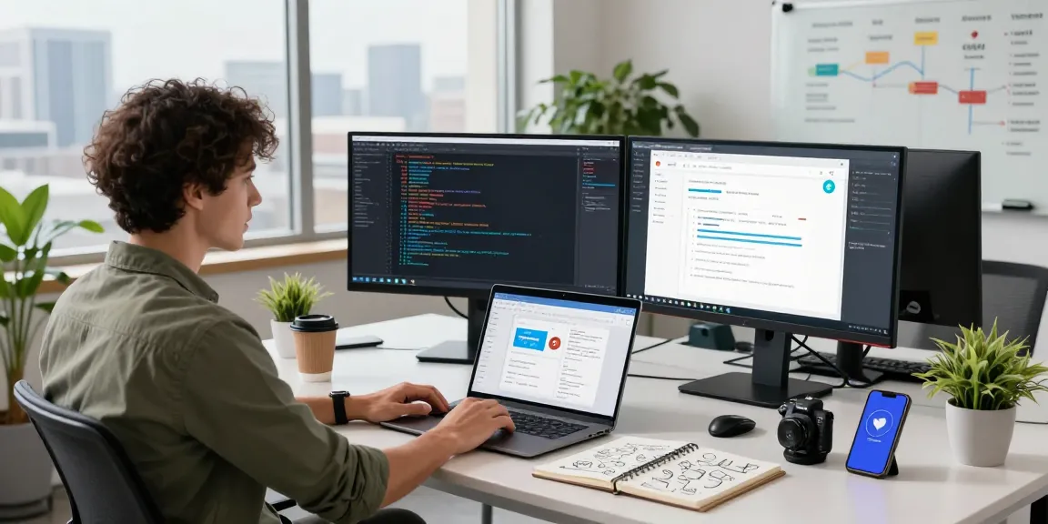 Explore Telegram网页版 in a modern tech workspace with dual monitors, coding, and creative collaboration.