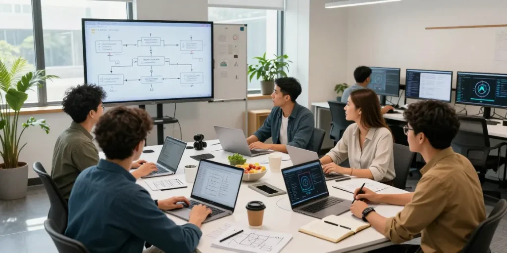 Collaboration of AI specialists developing innovative AI agents in a modern workspace with tech gadgets and analytics.