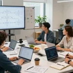 Collaboration of AI specialists developing innovative AI agents in a modern workspace with tech gadgets and analytics.