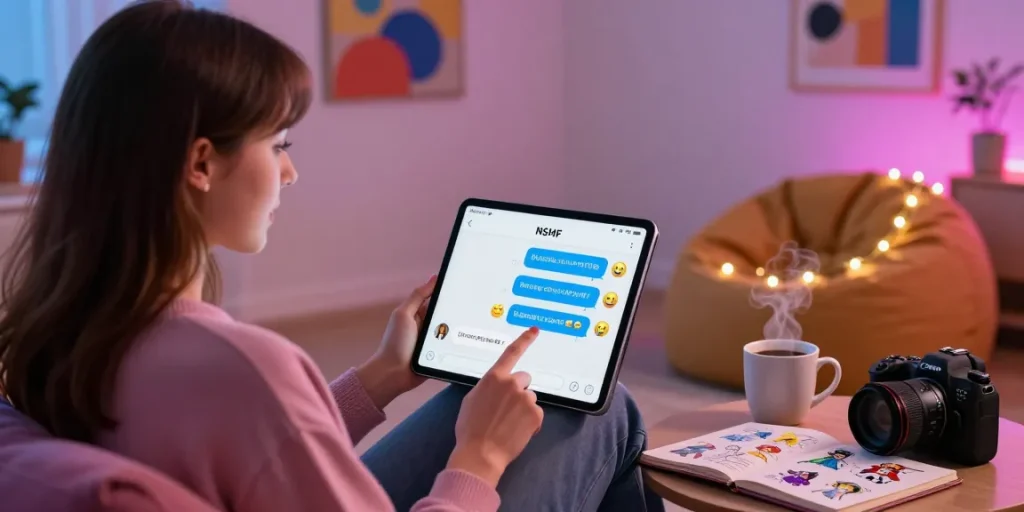 Engaging young woman enjoying NSFW AI chat on tablet in cozy, artistic space.