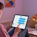 Engaging young woman enjoying NSFW AI chat on tablet in cozy, artistic space.