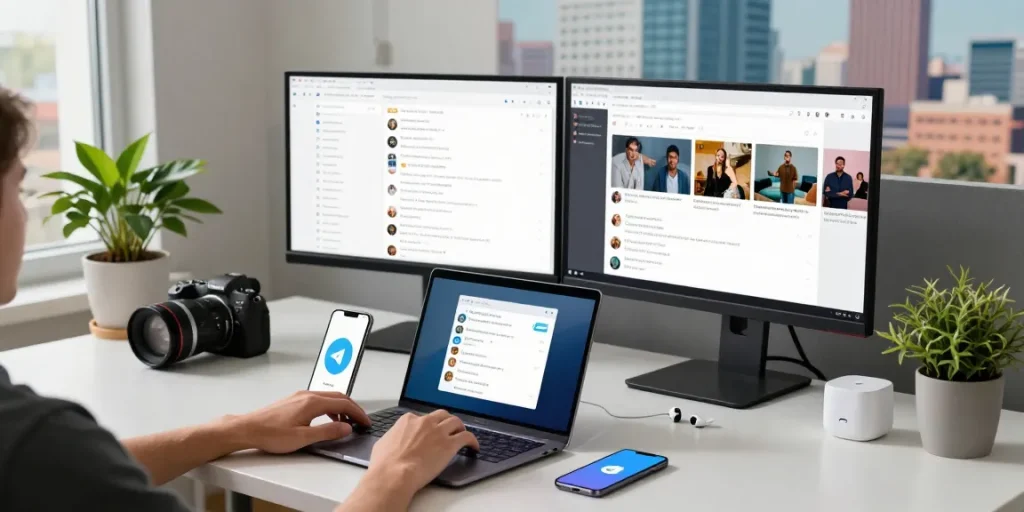 Utilizing Telegram Web in a modern workspace with dual monitors and vibrant city view.