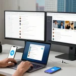 Utilizing Telegram Web in a modern workspace with dual monitors and vibrant city view.