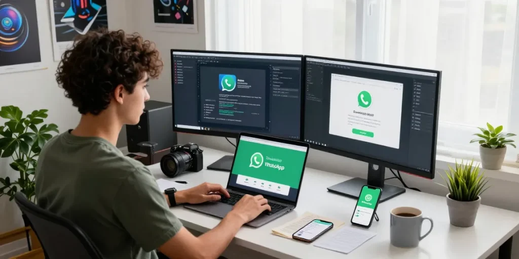 Explore WhatsApp下載 on a developer's dual-monitor setup, showcasing a tech workspace.