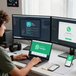 Explore WhatsApp下載 on a developer's dual-monitor setup, showcasing a tech workspace.