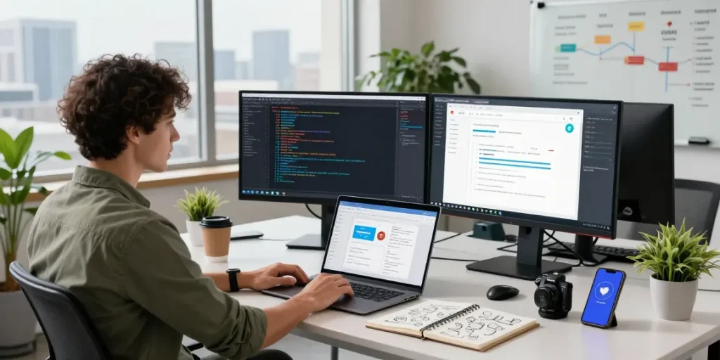 Explore Telegram网页版 in a modern tech workspace with dual monitors, coding, and creative collaboration.