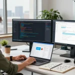 Explore Telegram网页版 in a modern tech workspace with dual monitors, coding, and creative collaboration.