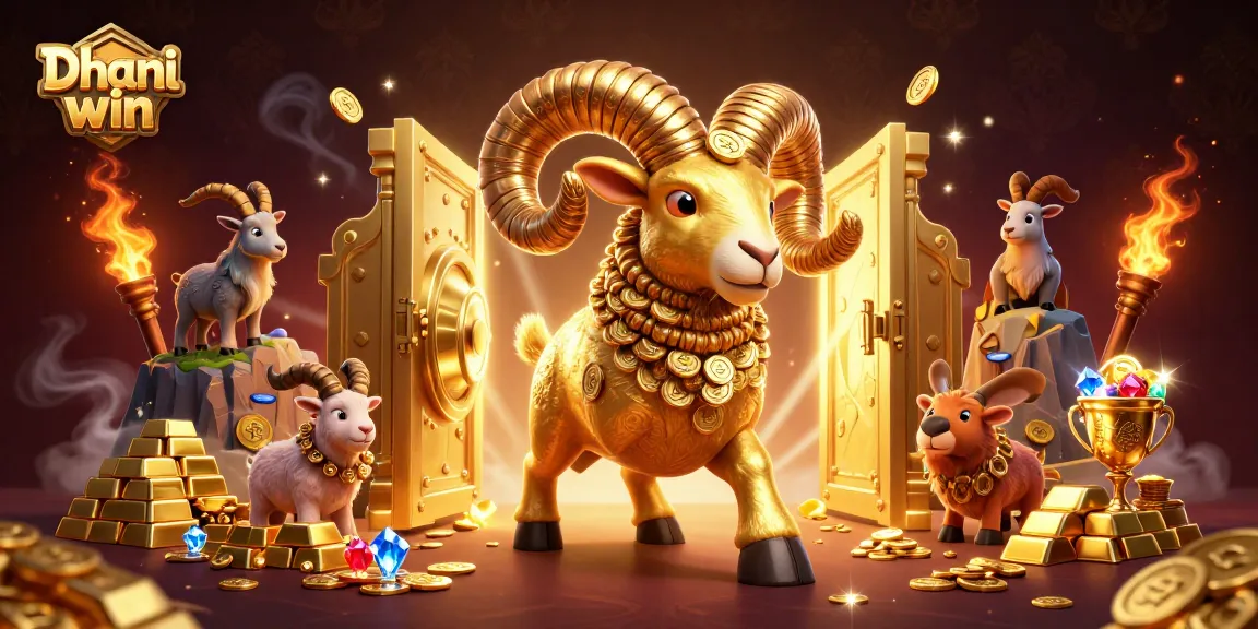 Dhani win features a golden ram charging through a treasure vault, showcasing exciting gaming elements and rewards.