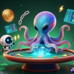 Cổng game Sunwin showcases a vibrant 3D illustration of an alien octopus playing poker, depicting thrilling casino excitement.
