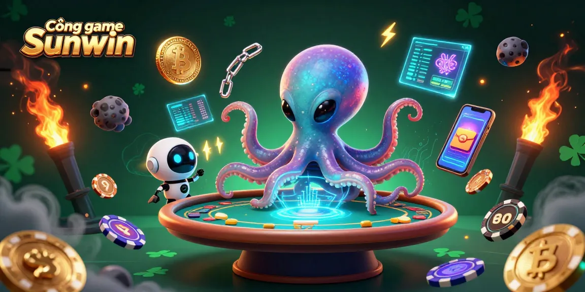 Cổng game Sunwin showcases a vibrant 3D illustration of an alien octopus playing poker, depicting thrilling casino excitement.