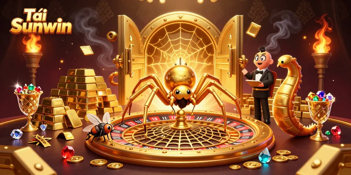 Tải Sunwin features a golden spider and centipede croupier in a dynamic casino scene