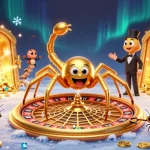 Place bets at KUBET in a vibrant casino scene with golden treasures and animated characters.