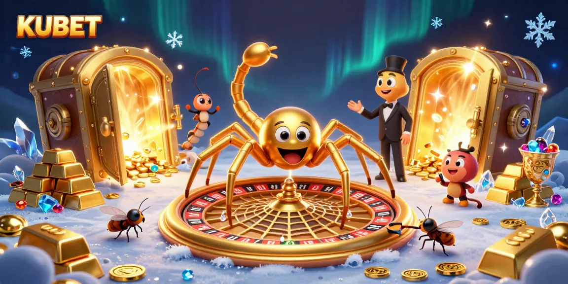 Place bets at KUBET in a vibrant casino scene with golden treasures and animated characters.