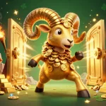 Engaging illustration of sunwin showcasing a golden ram charging at a treasure vault amidst casino extravaganza.
