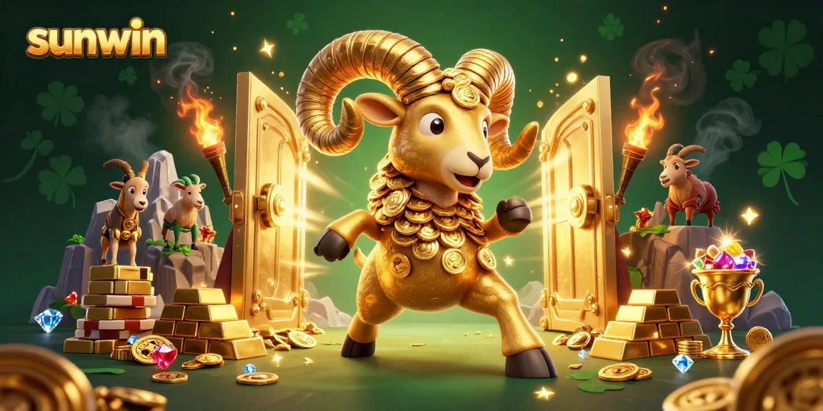 Engaging illustration of sunwin showcasing a golden ram charging at a treasure vault amidst casino extravaganza.